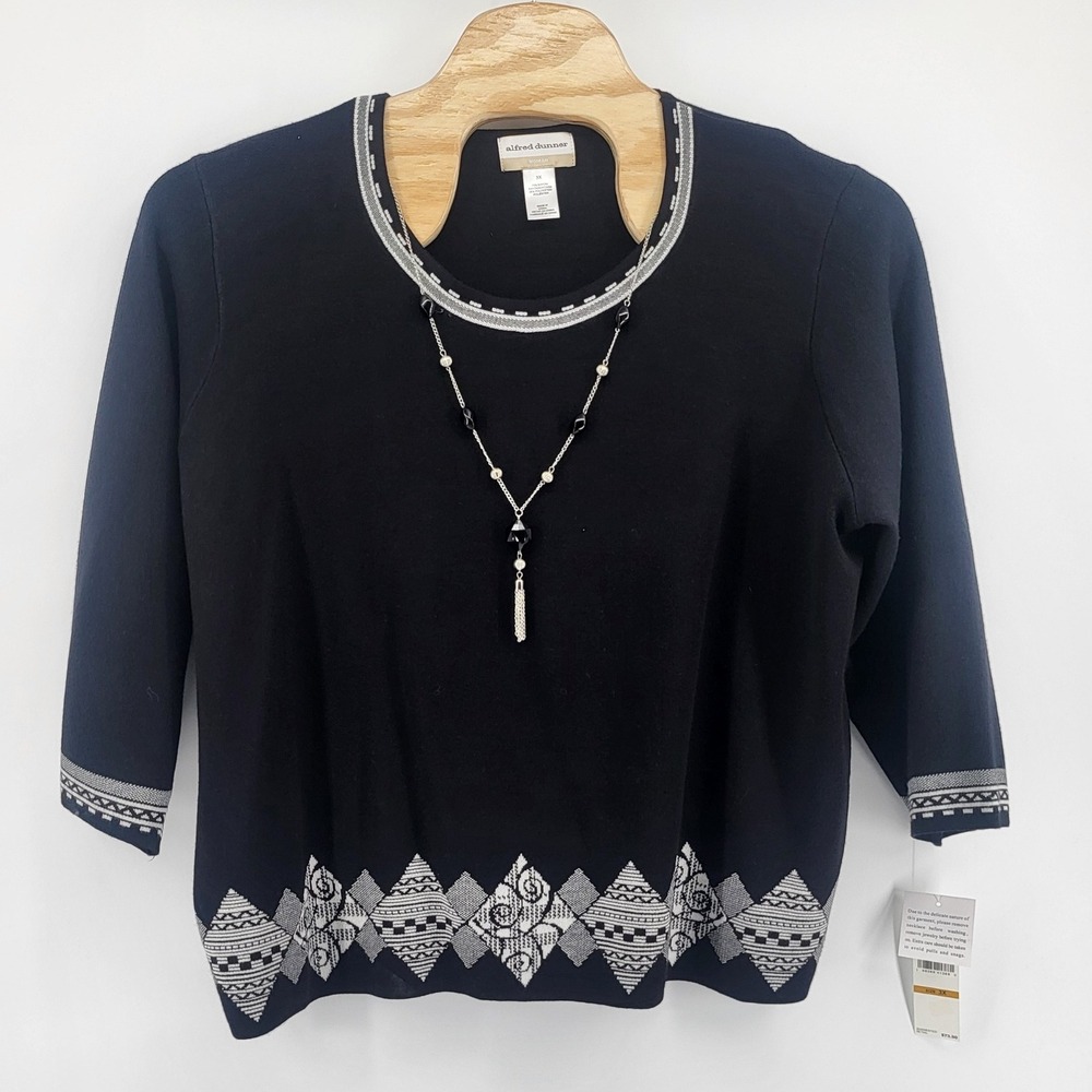 Alfred Dunner Women's 3X Black Runway Ready Sweater Top Tunic w Beaded Necklace‎